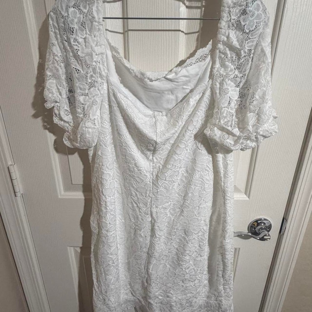 White Floral Lace Mini Dress Puff Sleeve Square Neck White 3XL